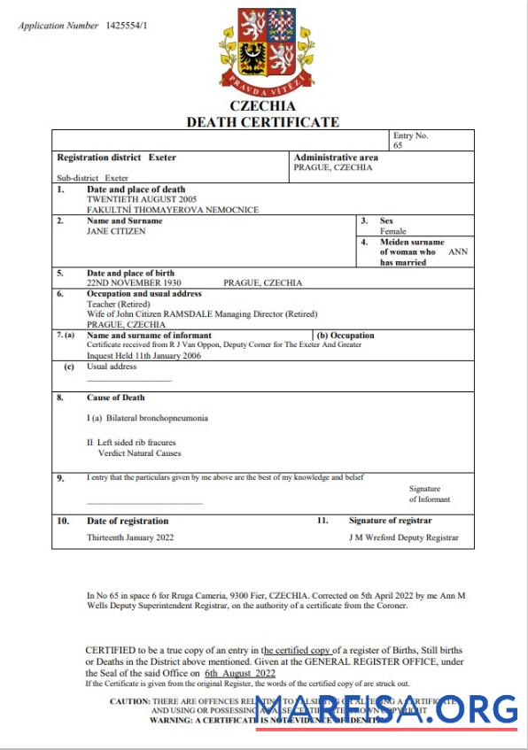 Downloadable Czechia death certificate Word and PDF template